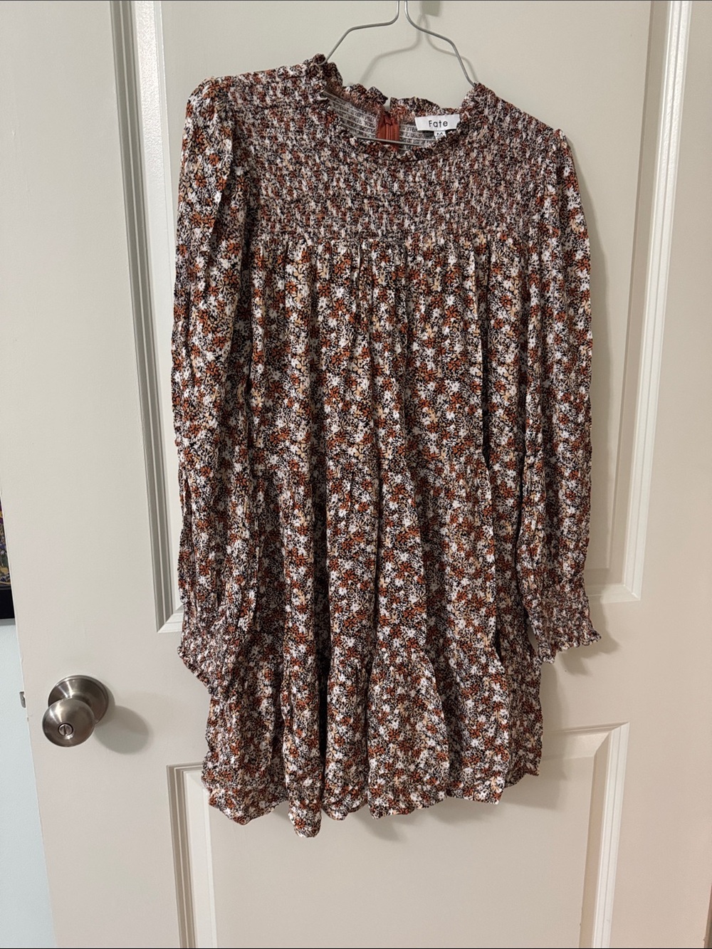 Fate Rust and White Floral Smocked Long-Sleeve Kids Dress